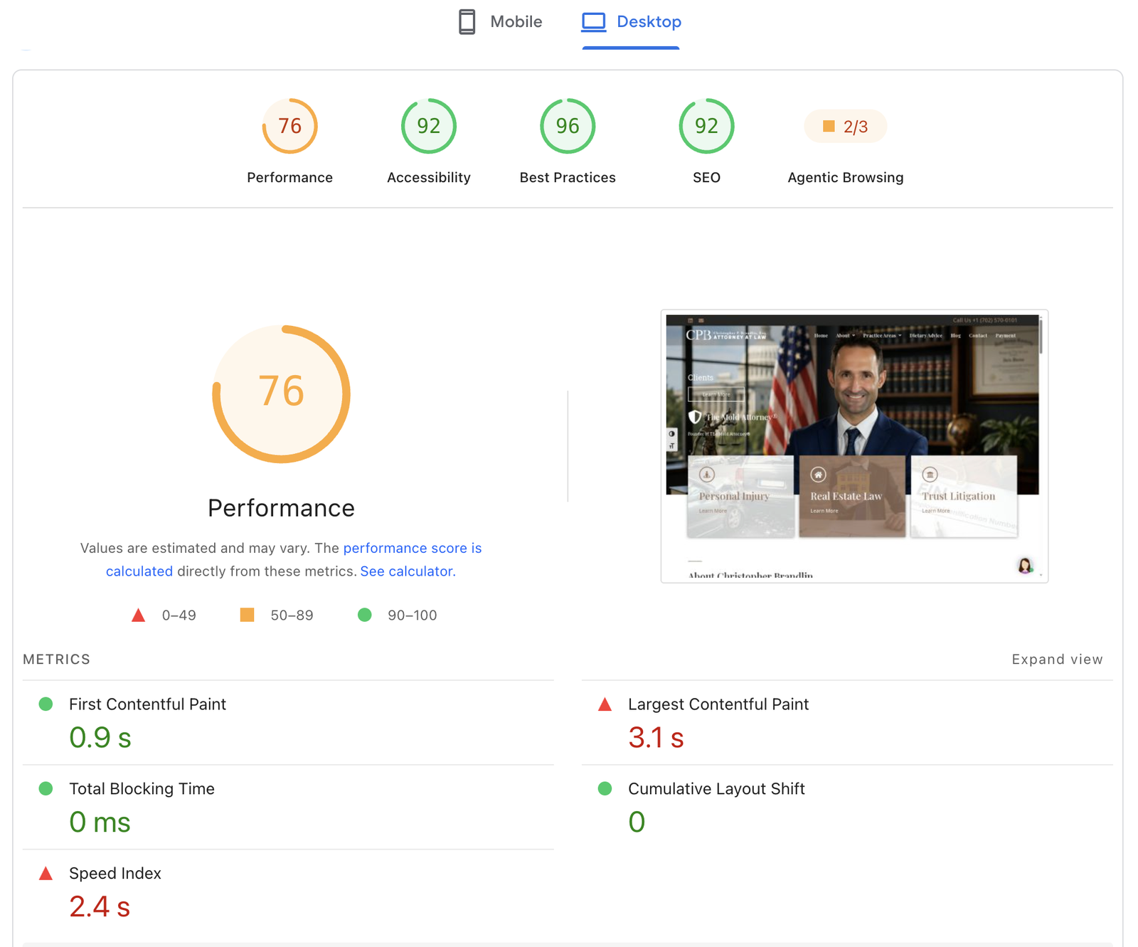 PageSpeed Insights report for Christopher P. Brandlin, APC on desktop: Performance 76, Accessibility 92, Best Practices 96, SEO 92, First Contentful Paint 0.9 s, Largest Contentful Paint 3.1 s, Total Blocking Time 0 ms, Cumulative Layout Shift 0