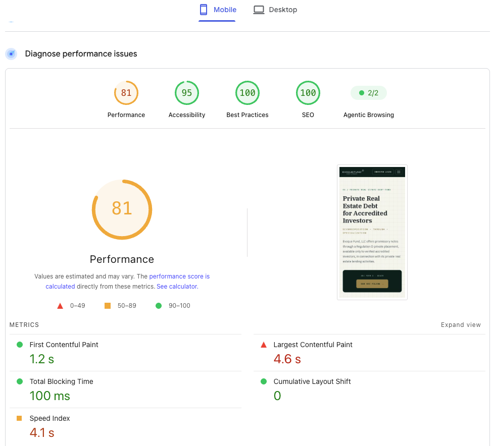 PageSpeed Insights report for the same site on mobile: Performance 81, Accessibility 95, Best Practices 100, SEO 100, Largest Contentful Paint 4.6 s, Cumulative Layout Shift 0