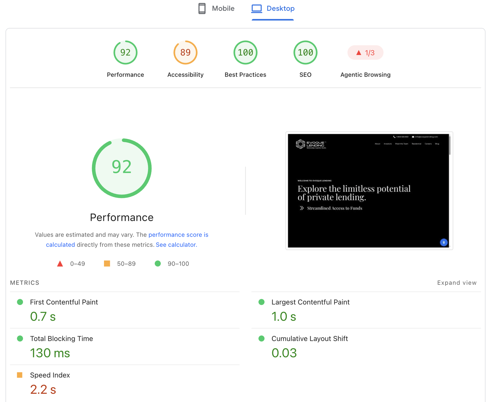 PageSpeed Insights report for Evoque Lending on desktop: Performance 92, Accessibility 89, Best Practices 100, SEO 100, First Contentful Paint 0.7 s, Largest Contentful Paint 1.0 s, Total Blocking Time 130 ms, Cumulative Layout Shift 0.03