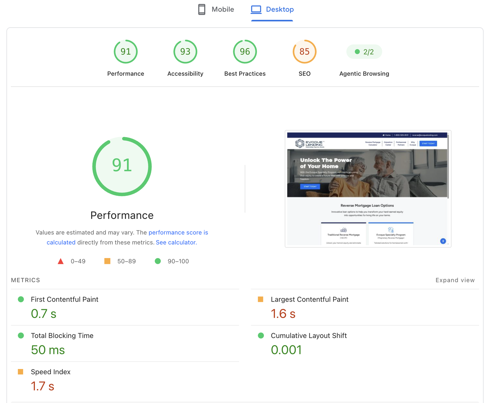 PageSpeed Insights report for Evoque Reverse on desktop: Performance 91, Accessibility 93, Best Practices 96, SEO 85, First Contentful Paint 0.7 s, Largest Contentful Paint 1.6 s, Total Blocking Time 50 ms, Cumulative Layout Shift 0.001