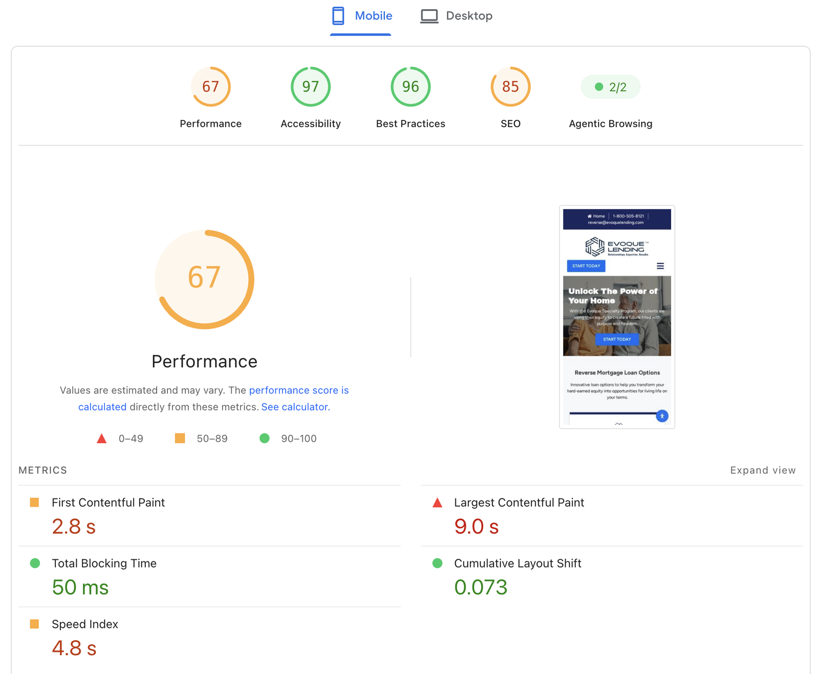 PageSpeed Insights report for the same site on mobile: Performance 67, Accessibility 97, Best Practices 96, SEO 85, First Contentful Paint 2.8 s, Largest Contentful Paint 9.0 s, Total Blocking Time 50 ms, Cumulative Layout Shift 0.073
