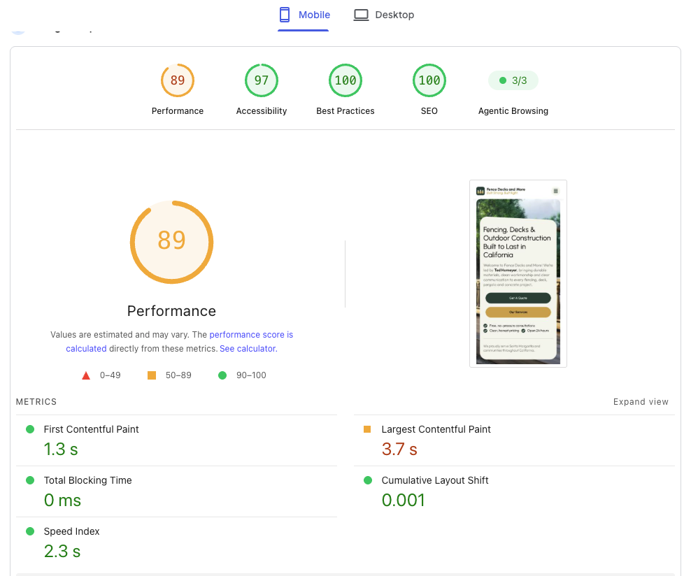 PageSpeed Insights report for the same site on mobile: Performance 89, Accessibility 97, Best Practices 100, SEO 100, First Contentful Paint 1.3 s, Cumulative Layout Shift 0.001
