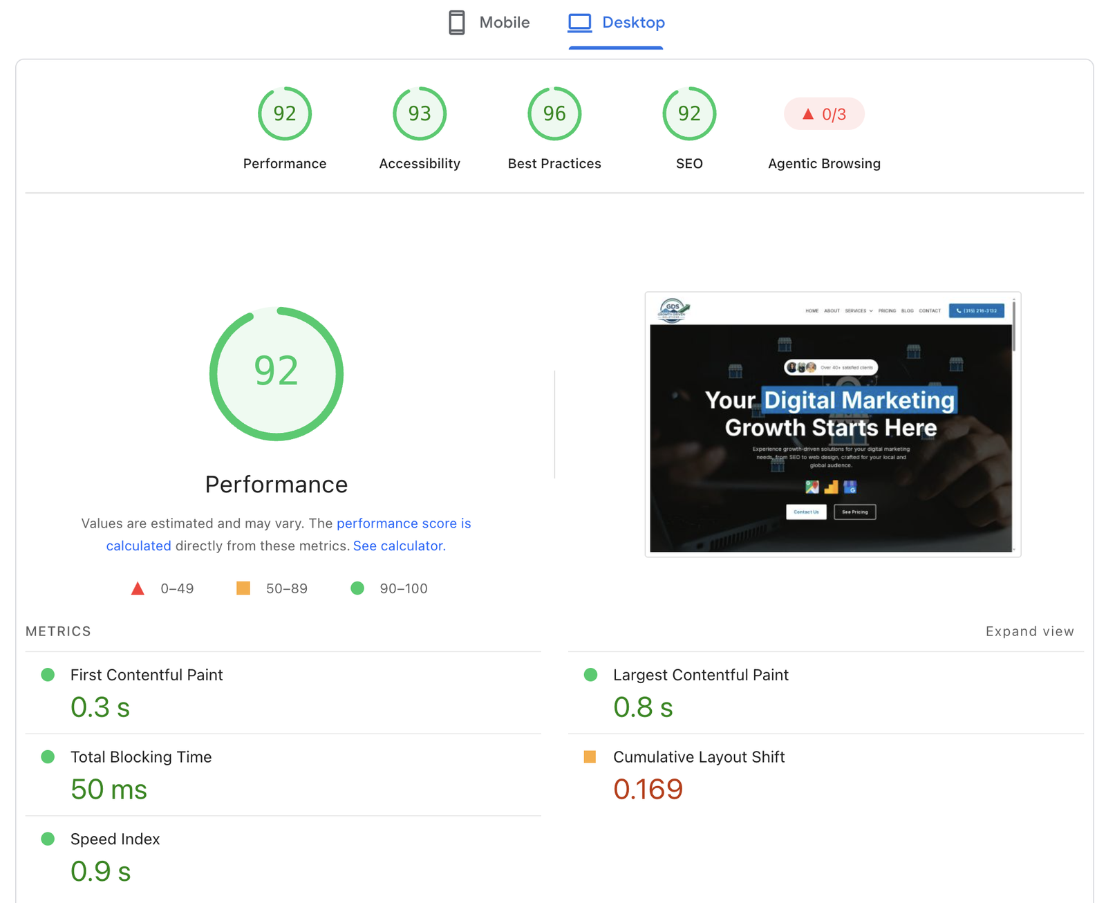PageSpeed Insights report for Growth Driven Solutions on desktop: Performance 92, Accessibility 93, Best Practices 96, SEO 92, First Contentful Paint 0.3 s, Largest Contentful Paint 0.8 s, Total Blocking Time 50 ms, Cumulative Layout Shift 0.169