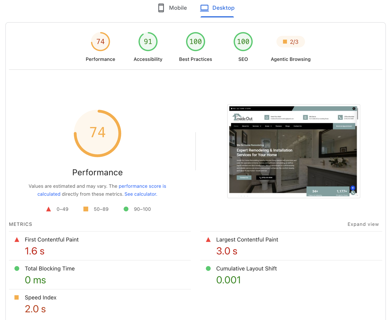 PageSpeed Insights report for Inside Out Home Remodeling on desktop: Performance 74, Accessibility 91, Best Practices 100, SEO 100, First Contentful Paint 1.6 s, Largest Contentful Paint 3.0 s, Total Blocking Time 0 ms, Cumulative Layout Shift 0.001