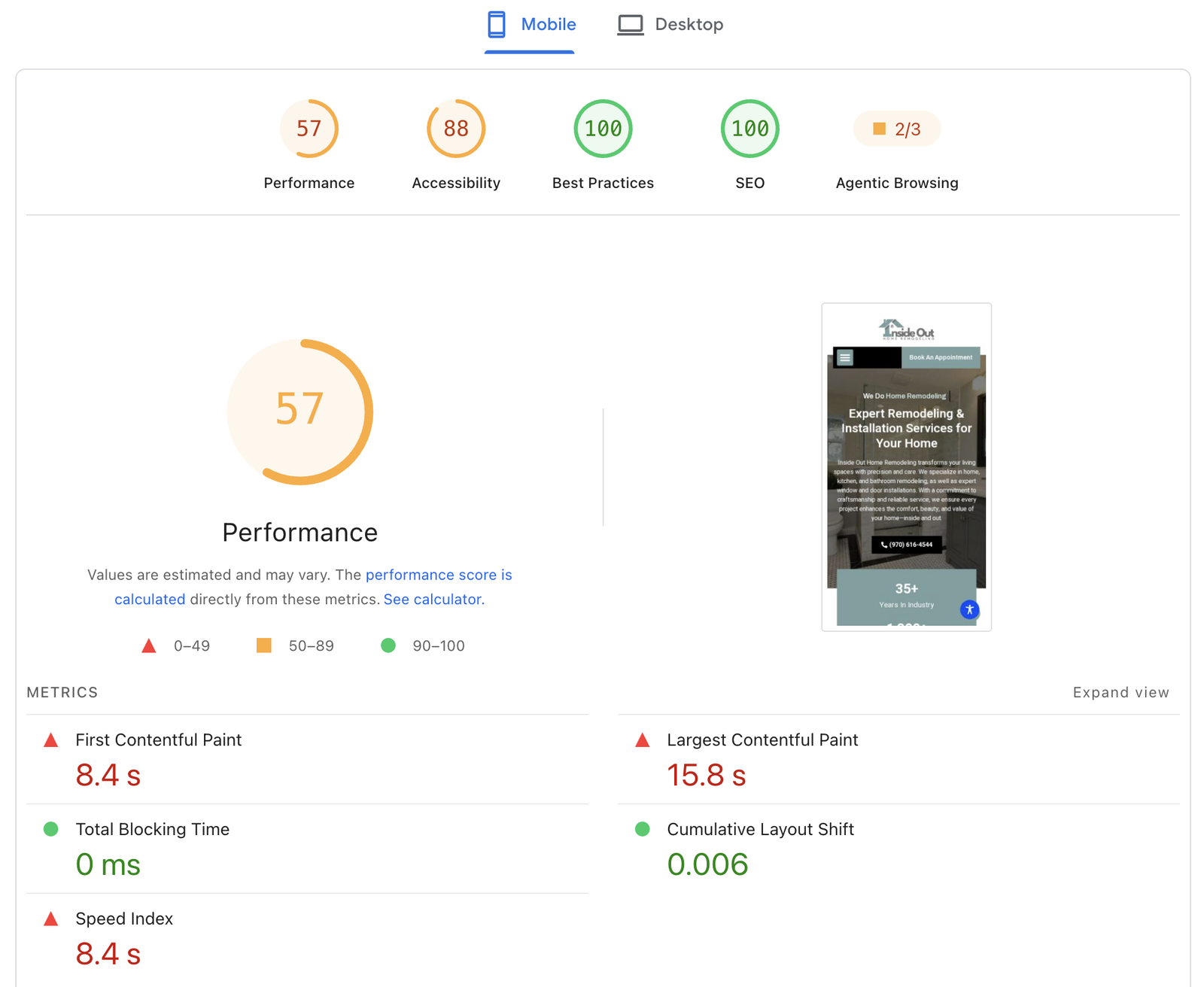PageSpeed Insights report for the same site on mobile: Performance 57, Accessibility 88, Best Practices 100, SEO 100, First Contentful Paint 8.4 s, Largest Contentful Paint 15.8 s, Total Blocking Time 0 ms, Cumulative Layout Shift 0.006
