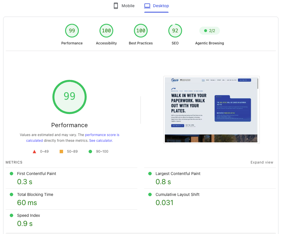 PageSpeed Insights report for Motor Vehicle Processing on desktop: Performance 99, Accessibility 100, Best Practices 100, SEO 92, Largest Contentful Paint 0.8 s, Cumulative Layout Shift 0.031