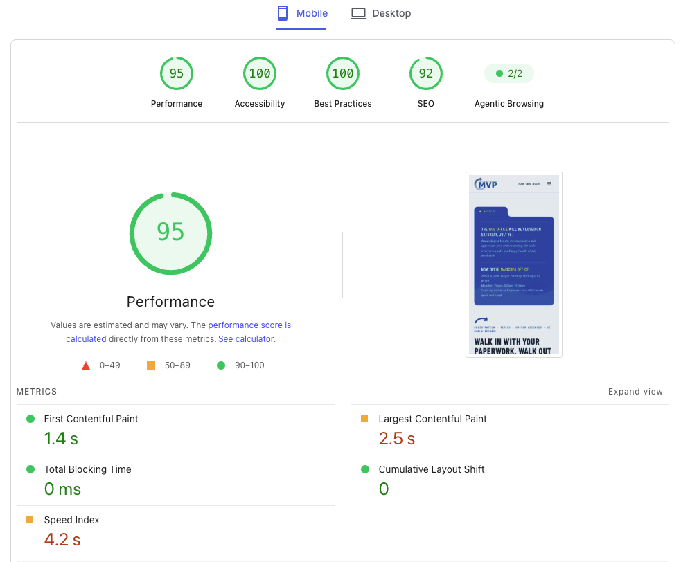 PageSpeed Insights report for Motor Vehicle Processing on mobile: Performance 95, Accessibility 100, Best Practices 100, SEO 92, LCP 2.5 s, CLS 0