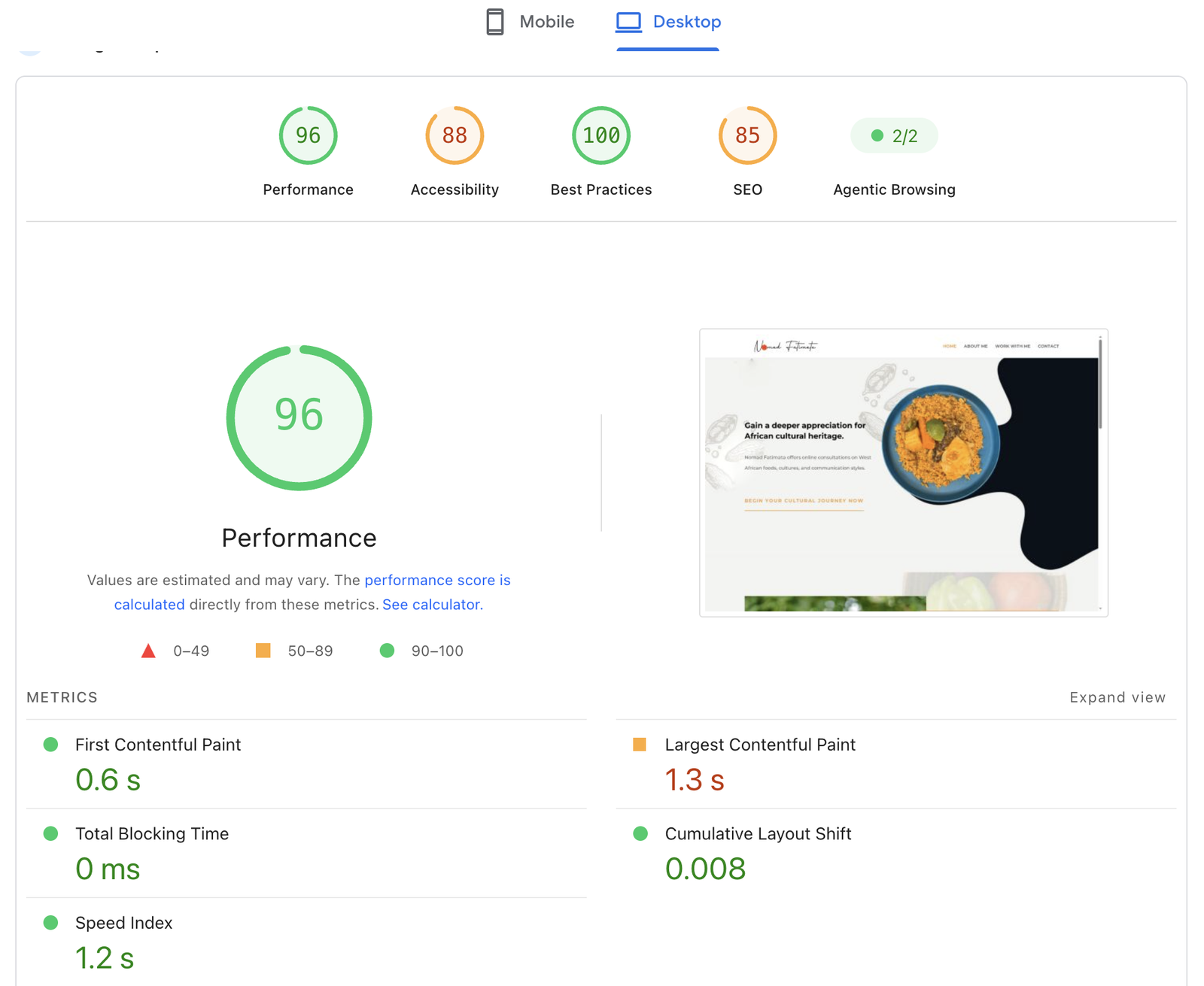 PageSpeed Insights report for Nomad Fatimata on desktop: Performance 96, Accessibility 88, Best Practices 100, SEO 85, Largest Contentful Paint 1.3 s, Cumulative Layout Shift 0.008