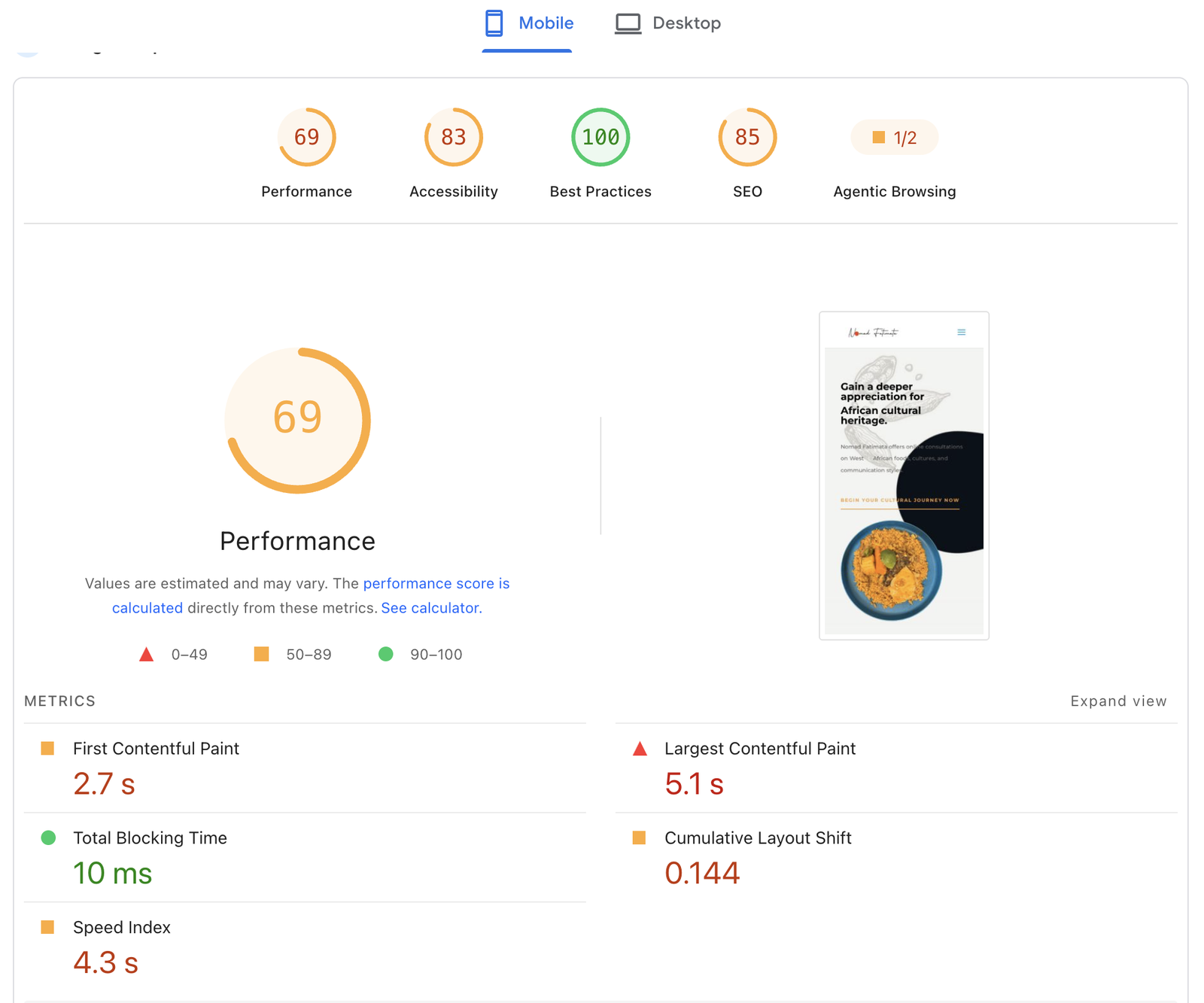 PageSpeed Insights report for the same site on mobile: Performance 69, Accessibility 83, Best Practices 100, SEO 85, Largest Contentful Paint 5.1 s, Cumulative Layout Shift 0.144