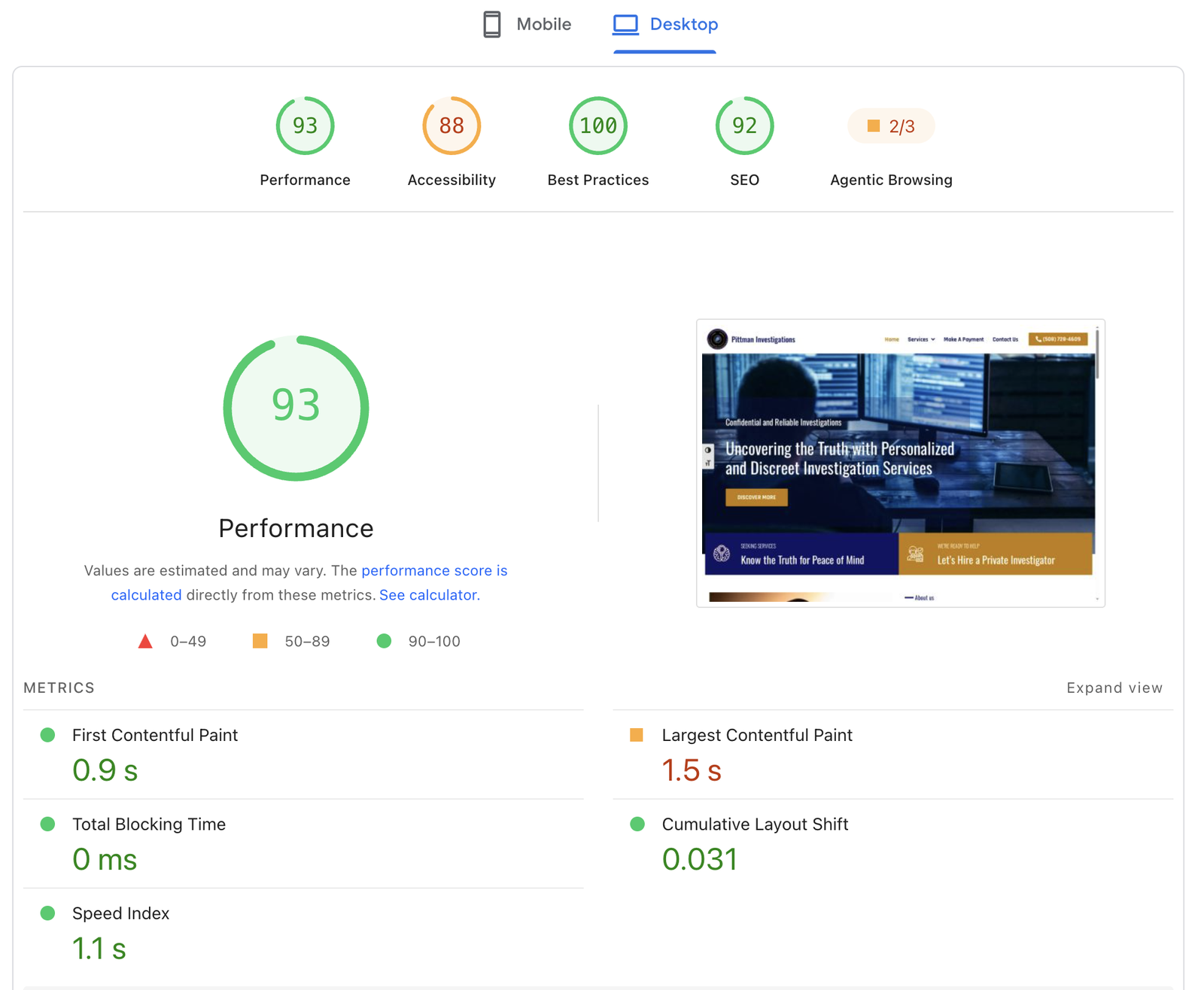 PageSpeed Insights report for Pittman Investigations on desktop: Performance 93, Accessibility 88, Best Practices 100, SEO 92, First Contentful Paint 0.9 s, Largest Contentful Paint 1.5 s, Total Blocking Time 0 ms, Cumulative Layout Shift 0.031
