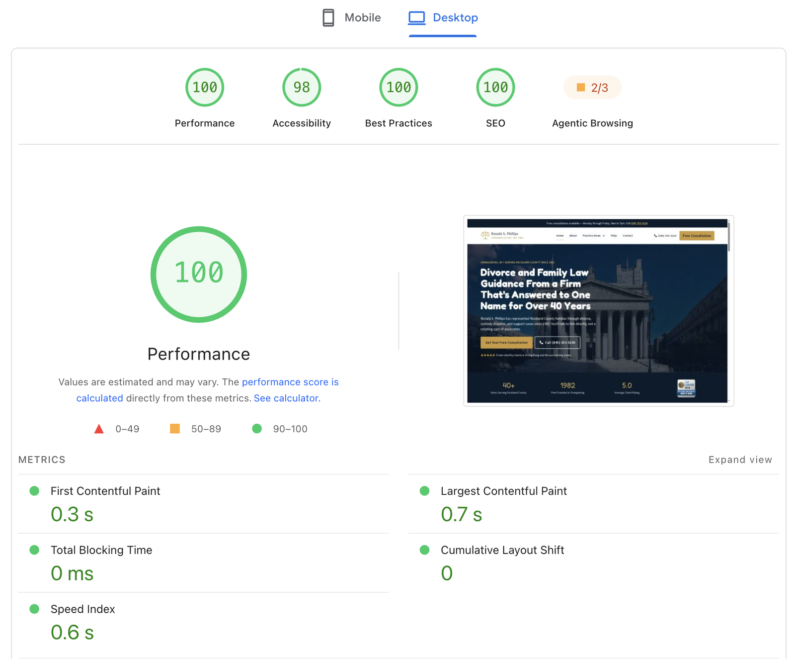 PageSpeed Insights report for the Law Office of Ronald A. Phillips on desktop: Performance 100, Accessibility 98, Best Practices 100, SEO 100, Largest Contentful Paint 0.7 s, Cumulative Layout Shift 0