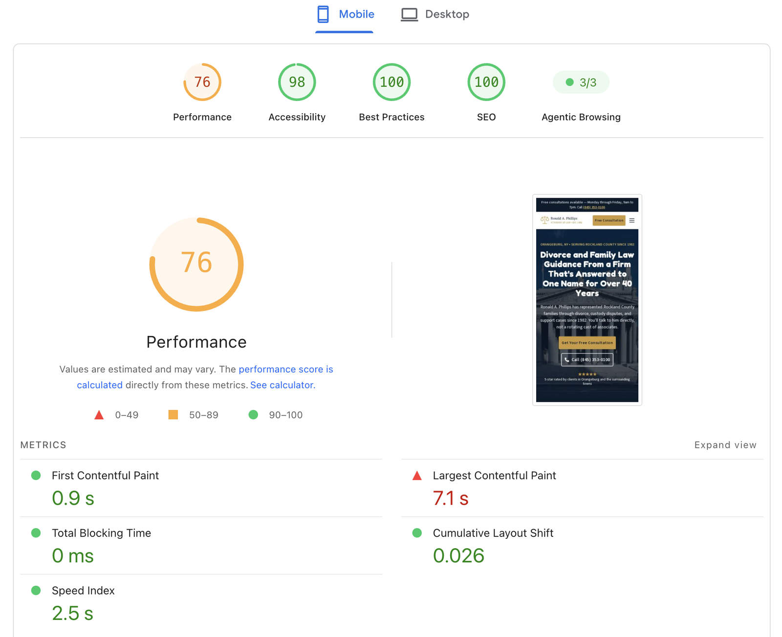 PageSpeed Insights report for the same site on mobile: Performance 76, Accessibility 98, Best Practices 100, SEO 100, Largest Contentful Paint 7.1 s, Cumulative Layout Shift 0.026