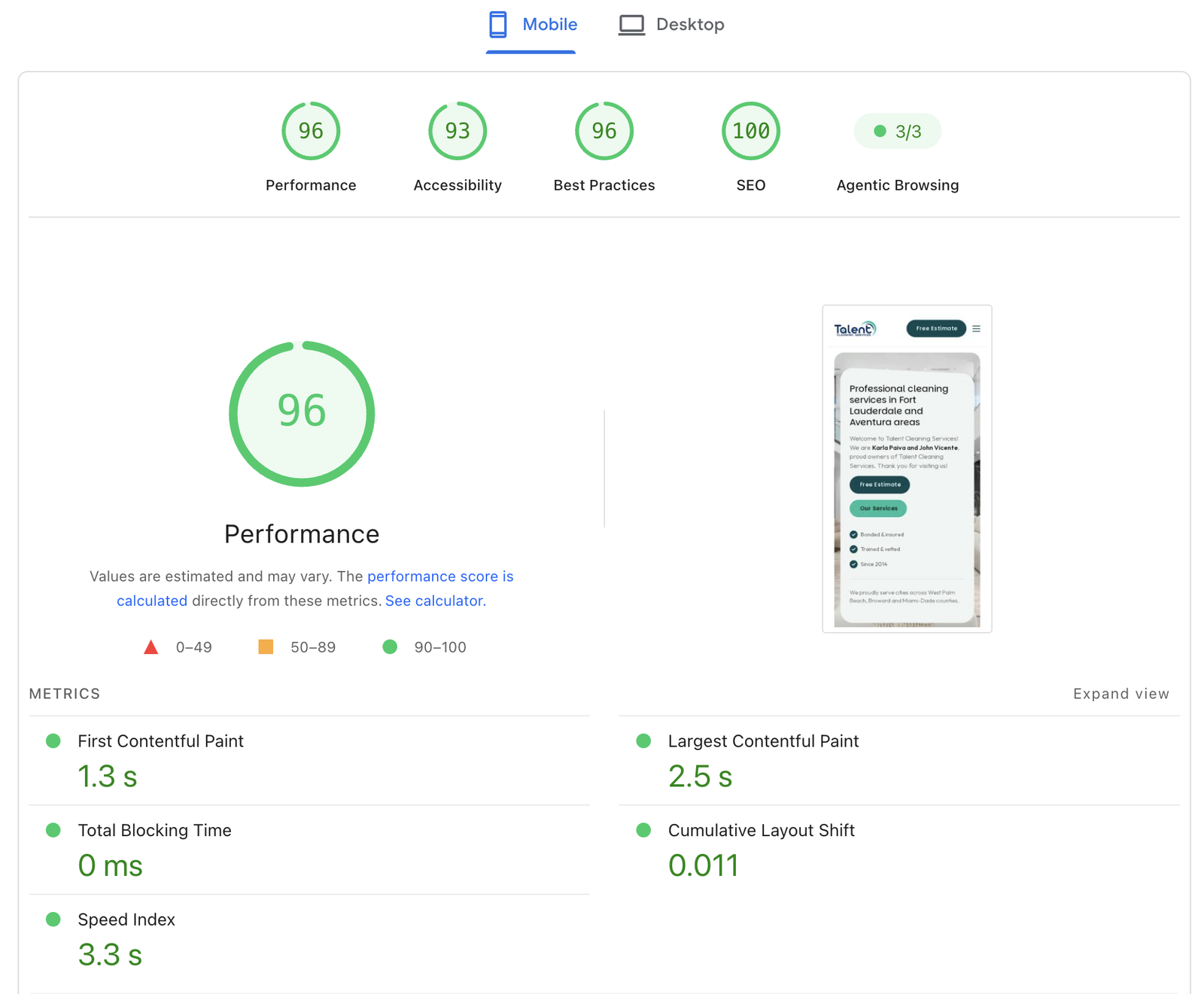 PageSpeed Insights report for the same site on mobile: Performance 96, Accessibility 93, Best Practices 96, SEO 100, Largest Contentful Paint 2.5 s, Cumulative Layout Shift 0.011
