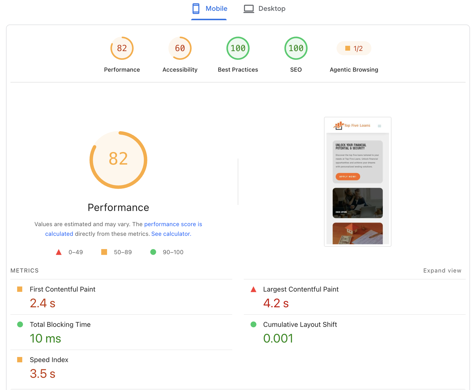 PageSpeed Insights report for the same site on mobile: Performance 82, Accessibility 60, Best Practices 100, SEO 100, First Contentful Paint 2.4 s, Largest Contentful Paint 4.2 s, Total Blocking Time 10 ms, Cumulative Layout Shift 0.001