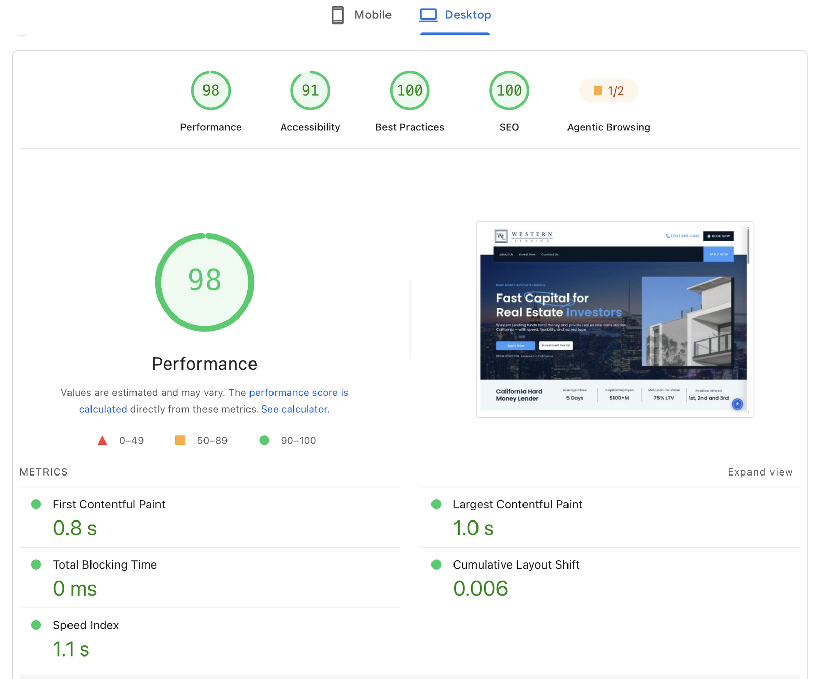 PageSpeed Insights report for Western Lending on desktop: Performance 98, Accessibility 91, Best Practices 100, SEO 100, First Contentful Paint 0.8 s, Largest Contentful Paint 1.0 s, Total Blocking Time 0 ms, Cumulative Layout Shift 0.006