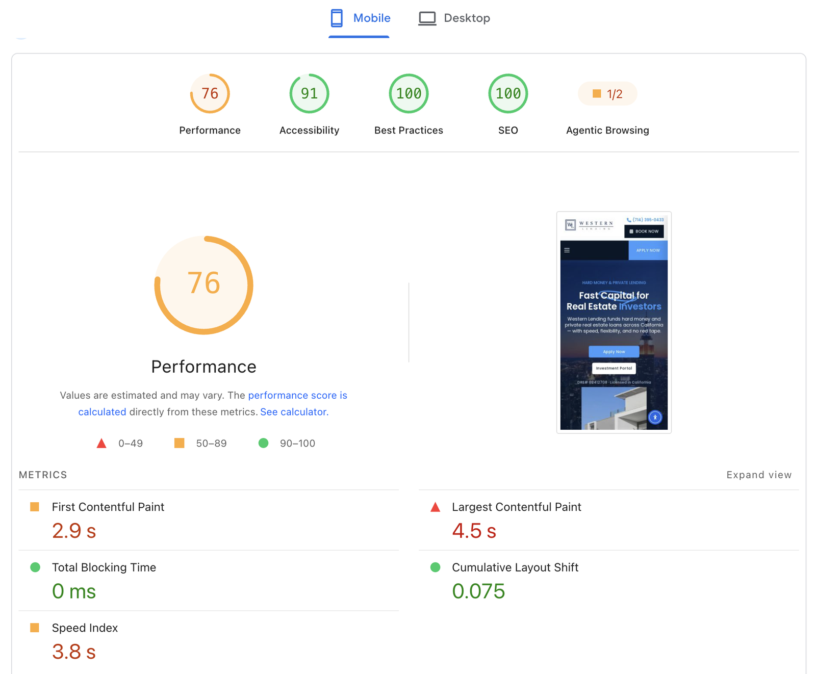PageSpeed Insights report for the same site on mobile: Performance 76, Accessibility 91, Best Practices 100, SEO 100, First Contentful Paint 2.9 s, Largest Contentful Paint 4.5 s, Total Blocking Time 0 ms, Cumulative Layout Shift 0.075