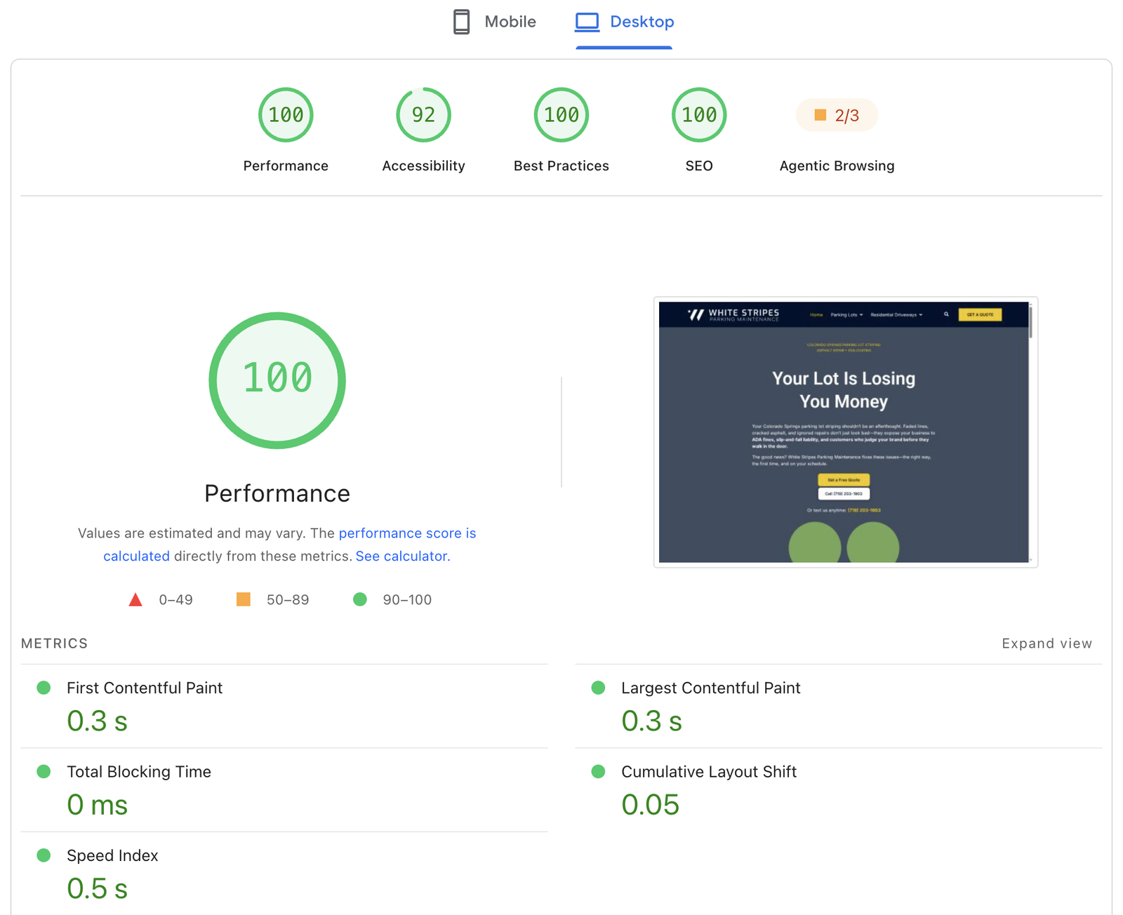 PageSpeed Insights report for White Stripes Parking on desktop: Performance 100, with Accessibility, Best Practices and SEO all in the green and Core Web Vitals passing