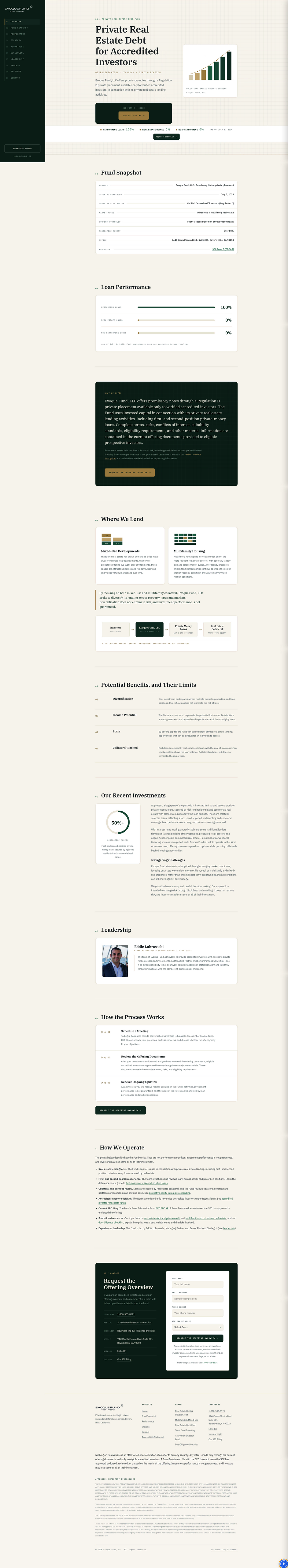Full-length capture of the Evoque Fund home page, including the Fund Snapshot table, loan performance panel, and the benefits-and-limits section