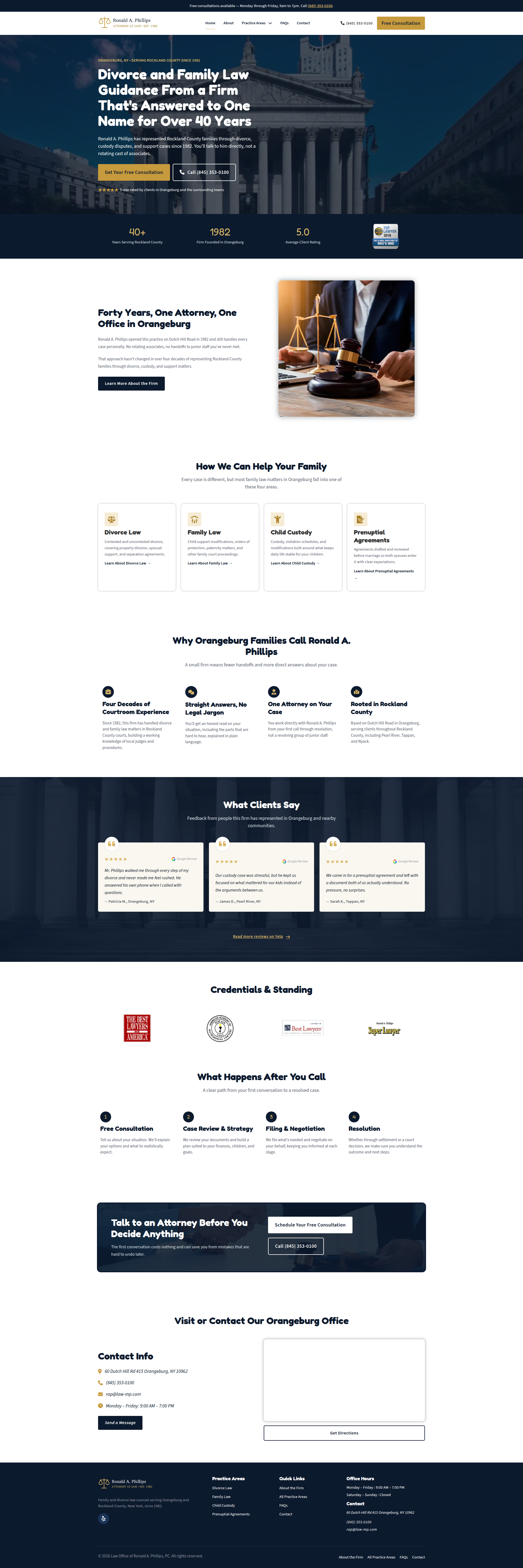 Full-length capture of the Law Office of Ronald A. Phillips home page, including practice areas, client reviews, credentials, and the what-happens-after-you-call steps