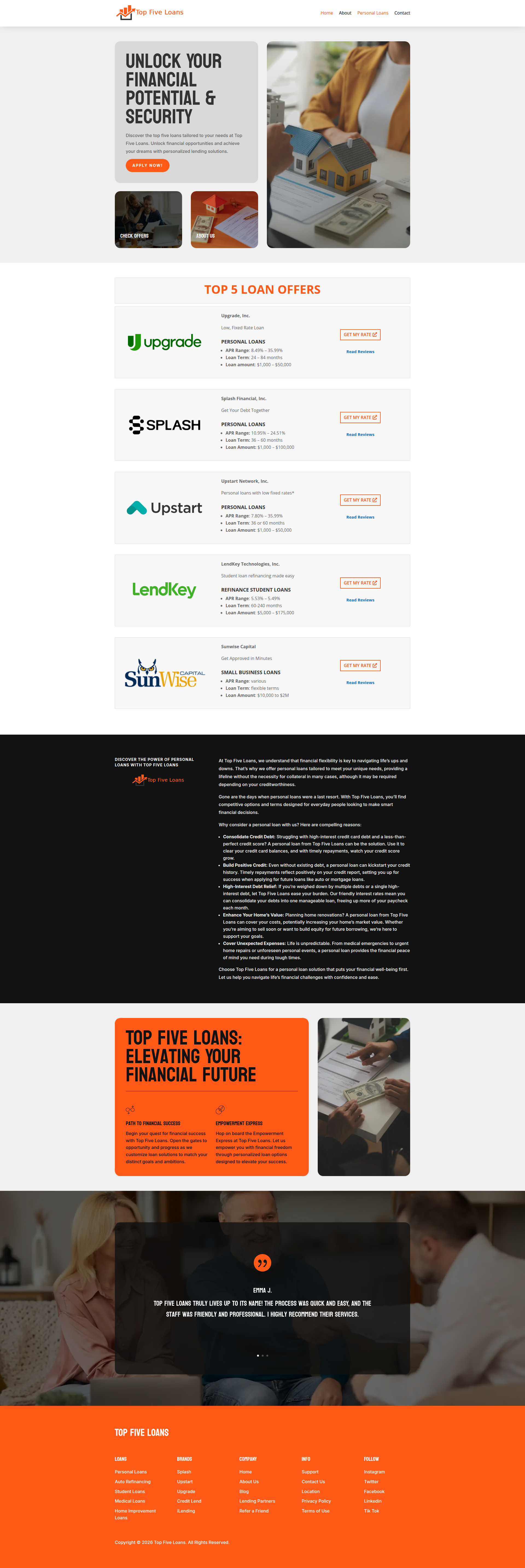 Full-length capture of the Top Five Loans home page
